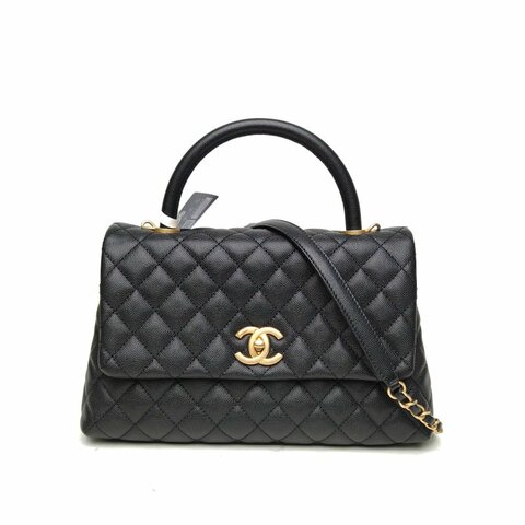 CHANEL CocoHandle中號黑色荔枝牛皮28開金扣肩背包