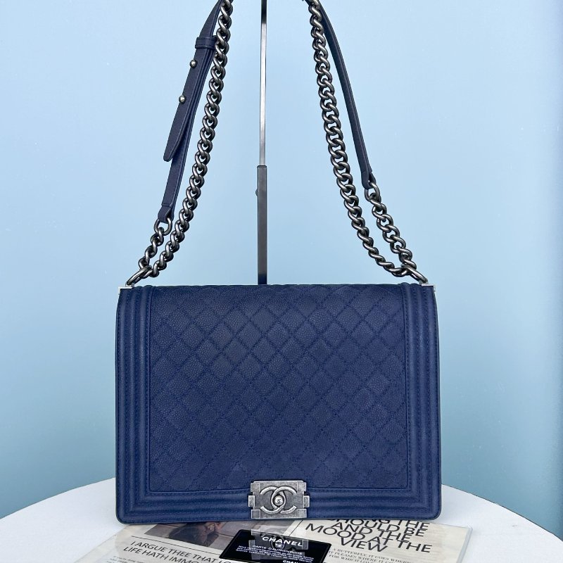 香奈兒/Chanel Leboy藍色磨砂荔枝紋牛皮大號鏈條包-5