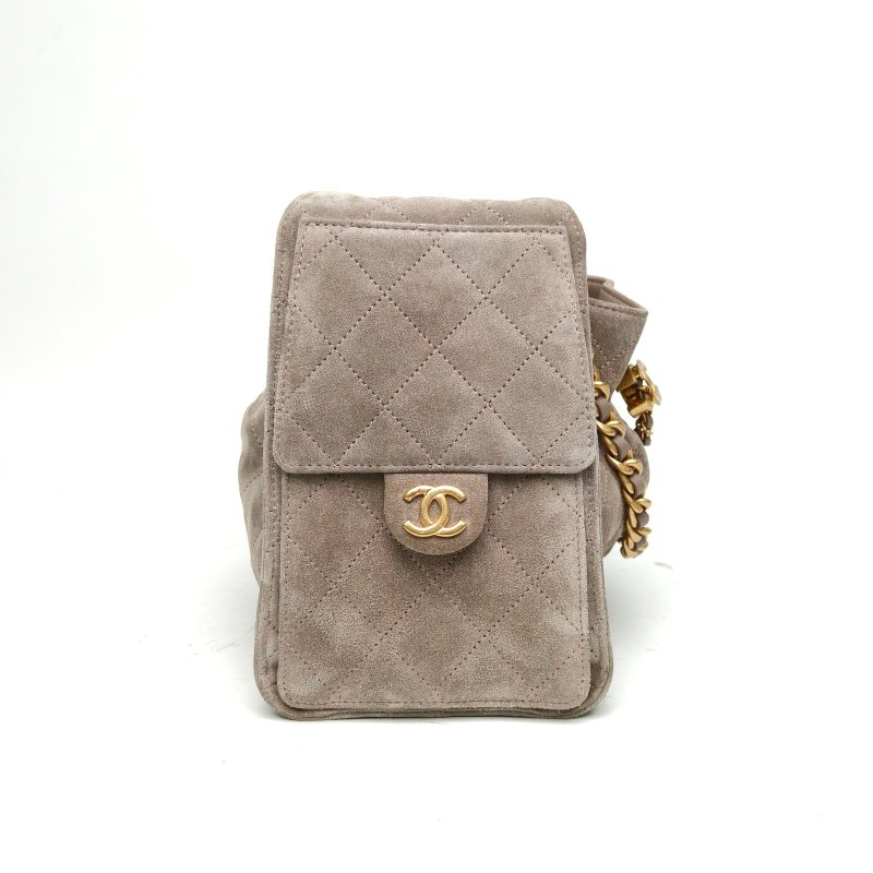 CHANEL 25BAG腋下包小號灰色麂皮晶片金扣肩背包-3