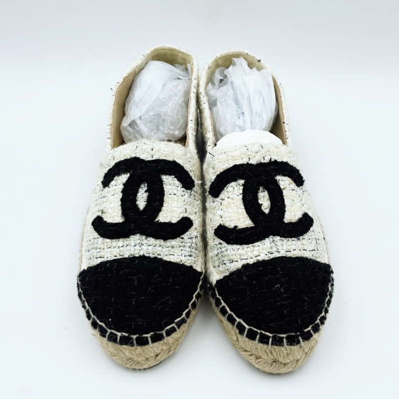 閒置未使用 Chanel 香奈兒 黑白粗花呢 漁夫鞋 38 碼 配塵袋-1