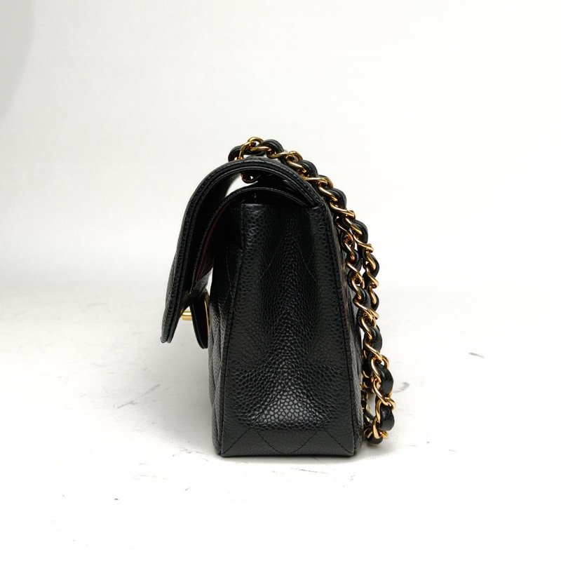 CHANEL CF口蓋包小號黑色荔枝牛皮晶片金扣菱格紋肩背包-1