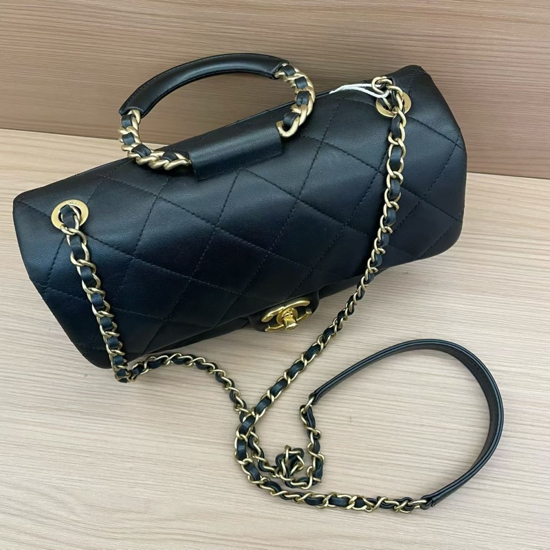 NO:C87 Chanel香奈兒  CF小号 黑金圆环手柄手提單肩斜挎鏈條包 黑色羊皮2020年 29開 尺寸24*13*5 無附件-4