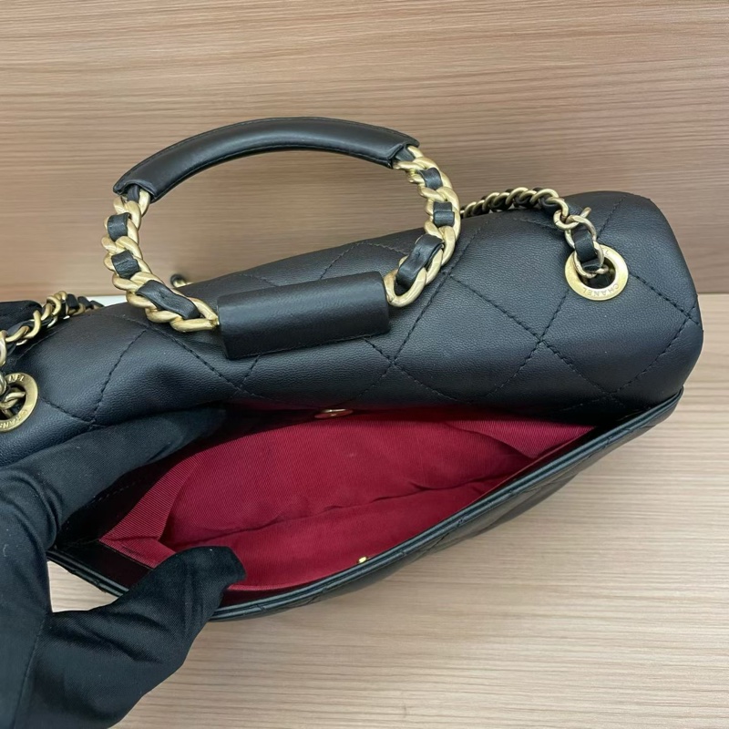 NO:C87 Chanel香奈兒  CF小号 黑金圆环手柄手提單肩斜挎鏈條包 黑色羊皮2020年 29開 尺寸24*13*5 無附件-8