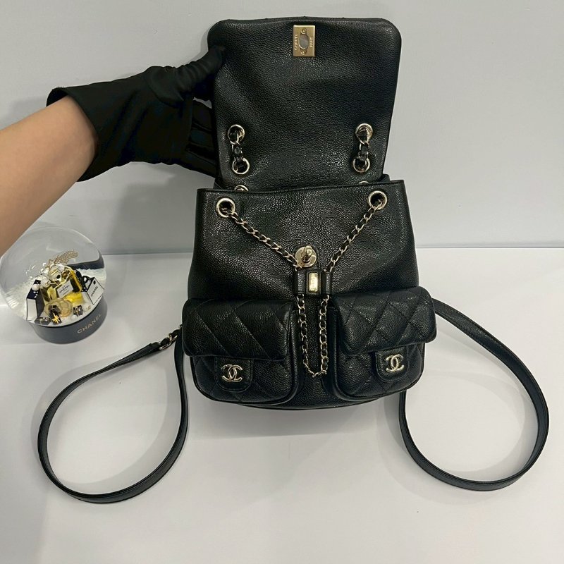 Chanel Duma小青蛙 中號 黑金荔枝牛 後背包 晶片款-7