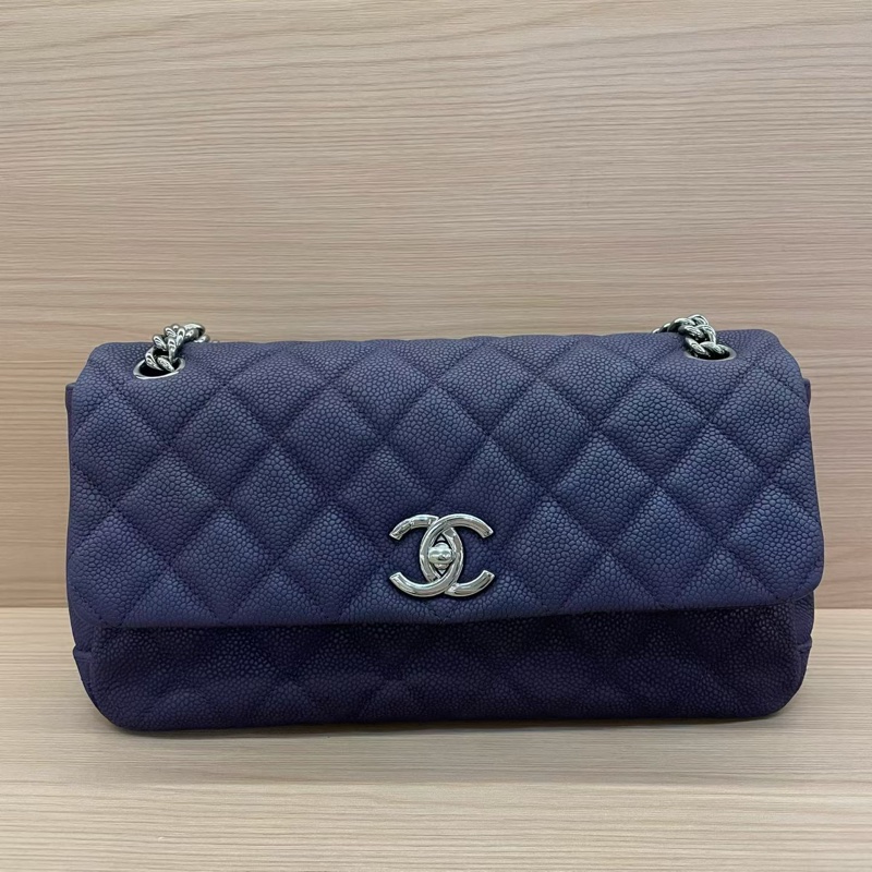 NO:C75 Chanel香奈兒 深紫色磨砂荔枝皮银扣單肩斜挎鏈條包 2014年 18開 尺寸28*7*16無附件-0