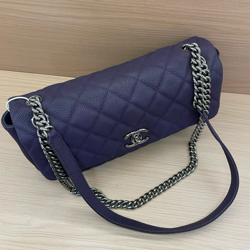 NO:C75 Chanel香奈兒 深紫色磨砂荔枝皮银扣單肩斜挎鏈條包 2014年 18開 尺寸28*7*16無附件-4