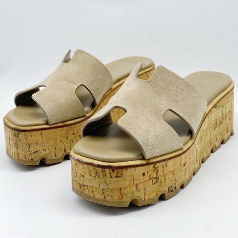 Hermes愛馬仕 涼鞋松糕鞋 經典H型米色拖鞋 36碼 底厚6.5cm🈚附件