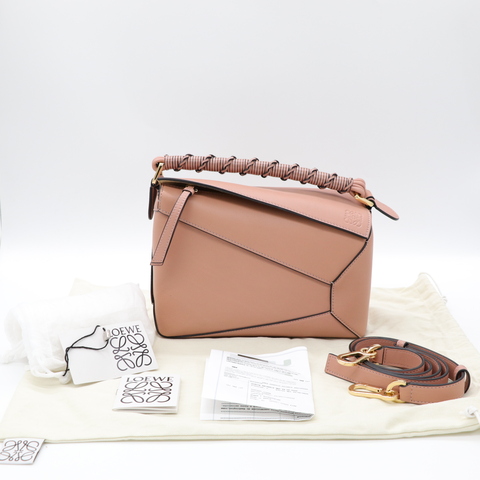 Loewe 羅威 Puzzle Edge 小號 藤編手把 灰粉色 肩背包