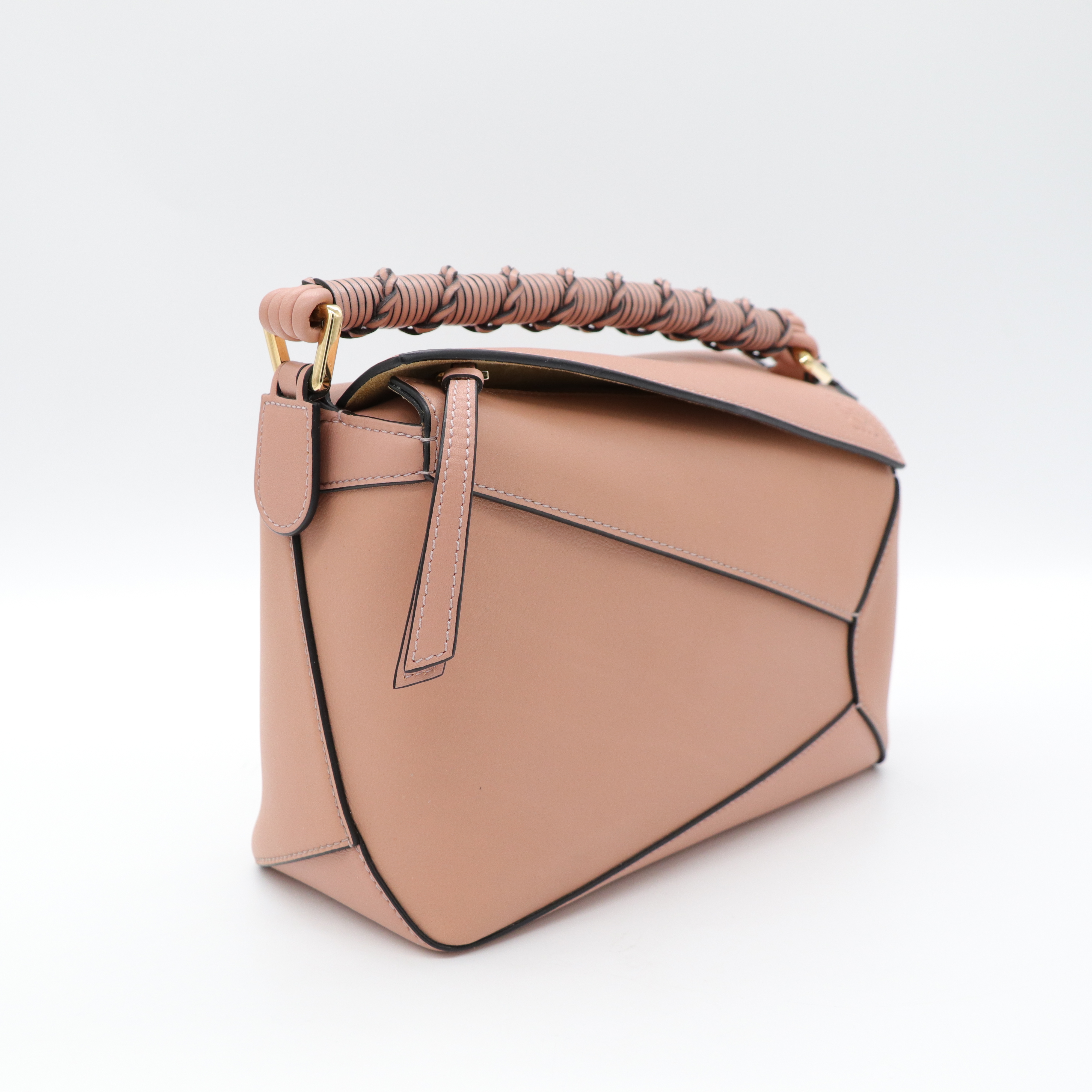 Loewe 羅威 Puzzle Edge 小號 藤編手把 灰粉色 肩背包-2