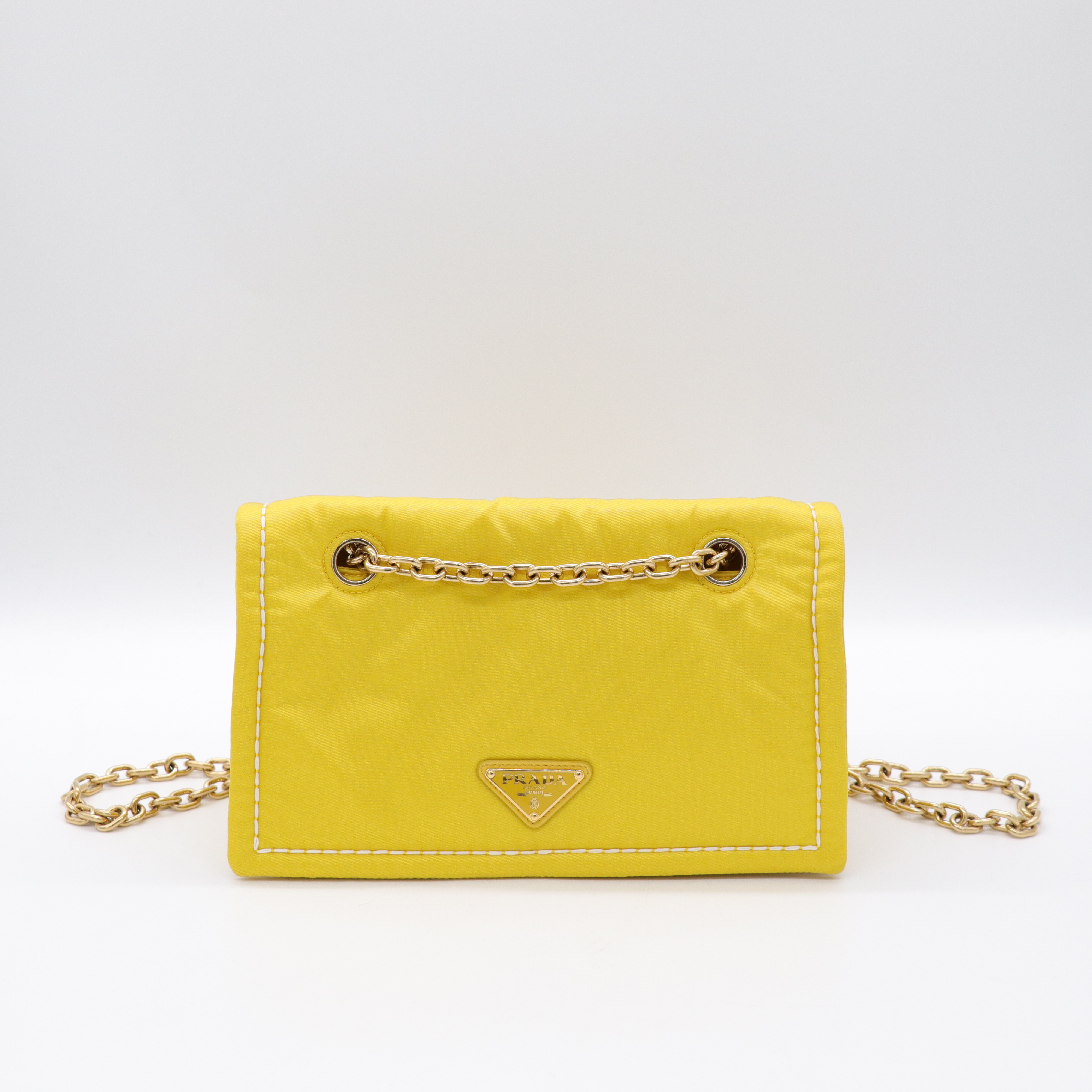 Prada 普拉達 螢光黃 尼龍 鍊條掀蓋包 斜背包-1