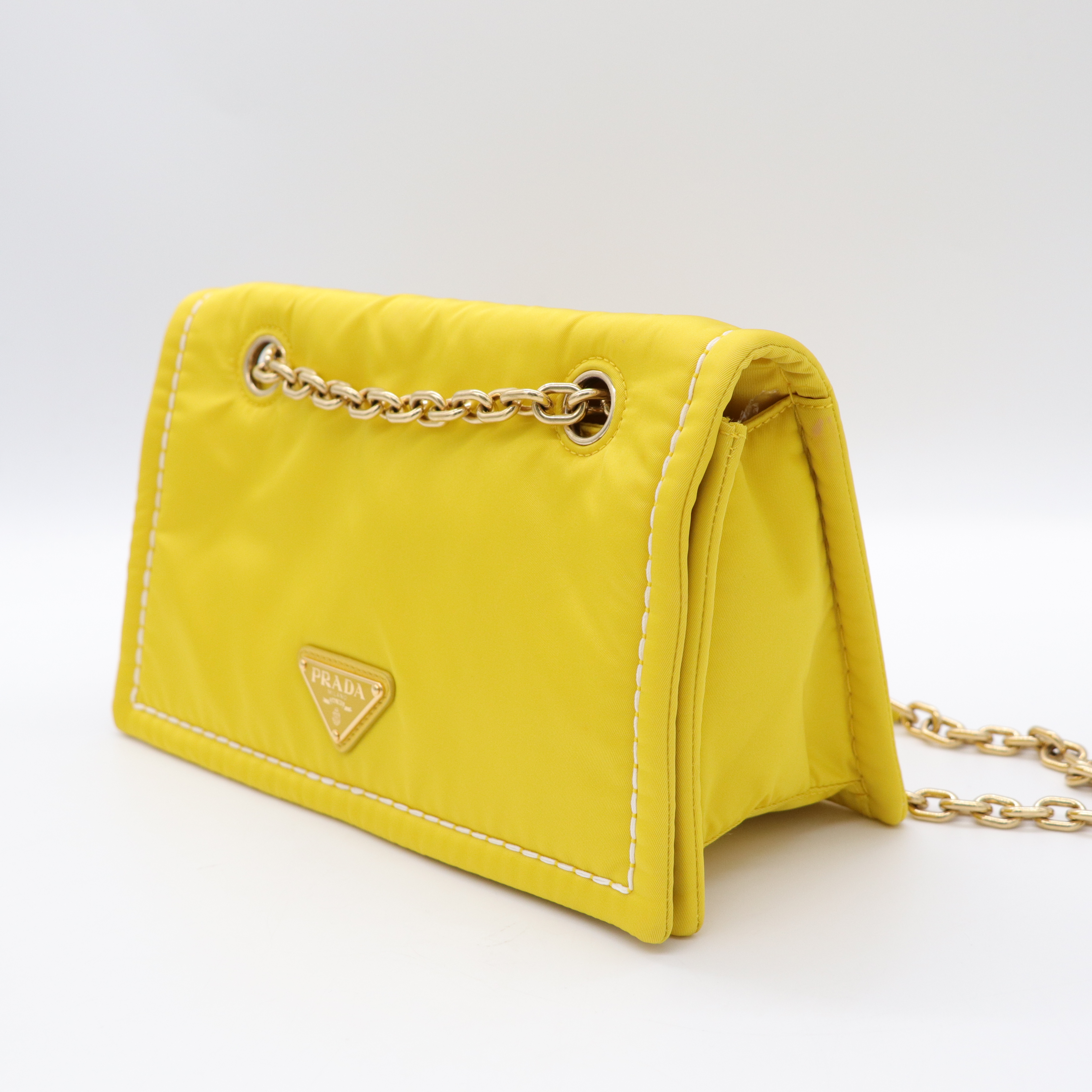 Prada 普拉達 螢光黃 尼龍 鍊條掀蓋包 斜背包-3
