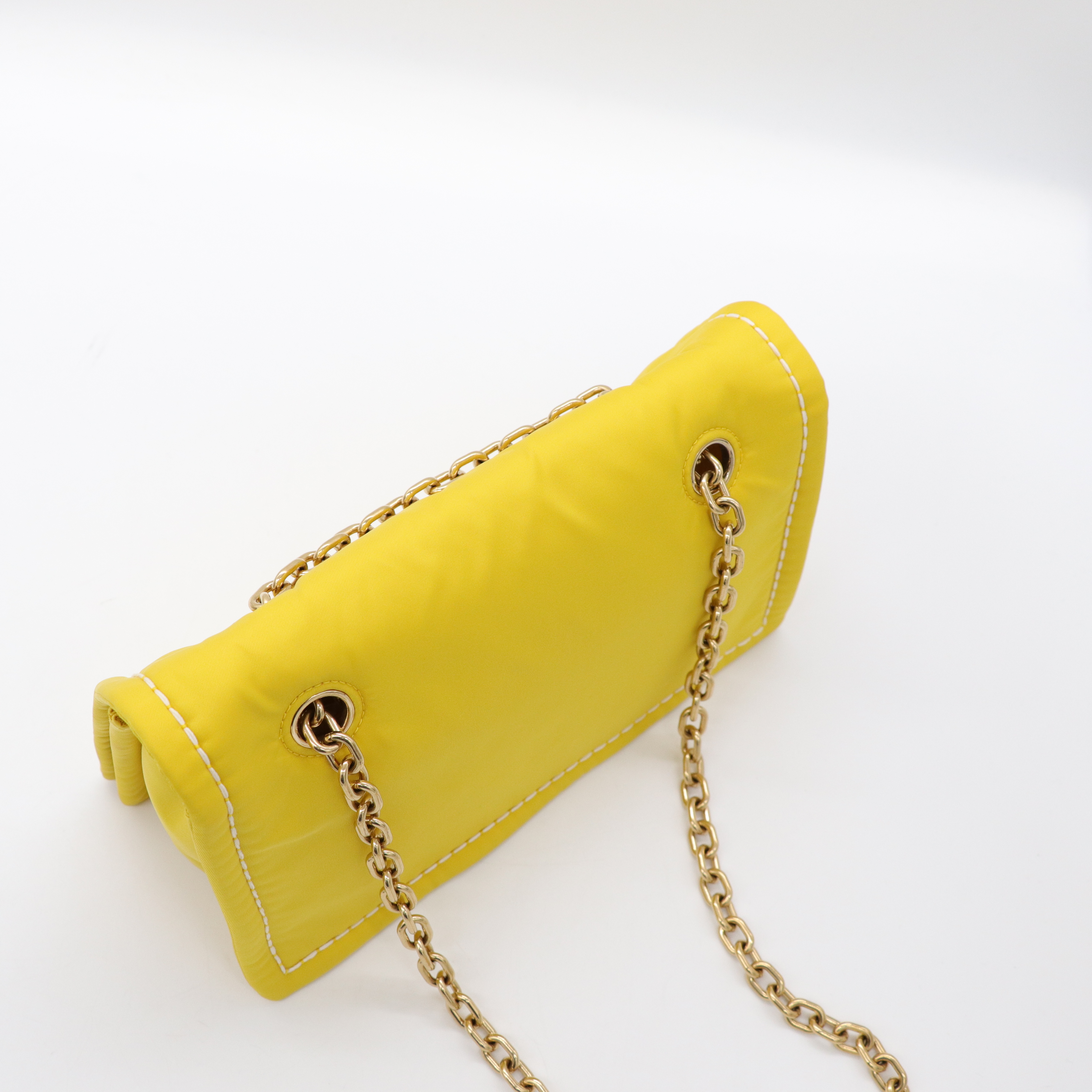 Prada 普拉達 螢光黃 尼龍 鍊條掀蓋包 斜背包-7