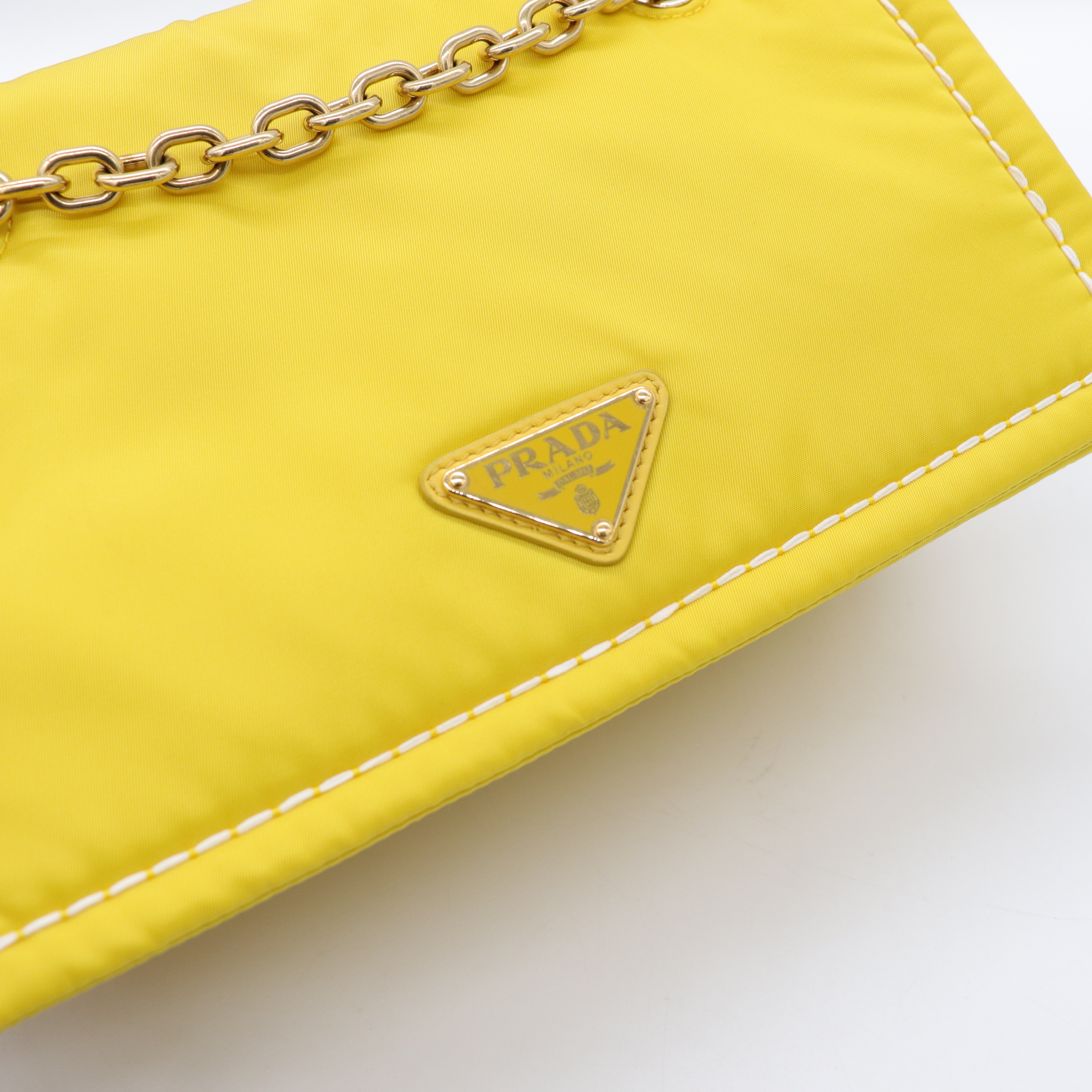 Prada 普拉達 螢光黃 尼龍 鍊條掀蓋包 斜背包-11