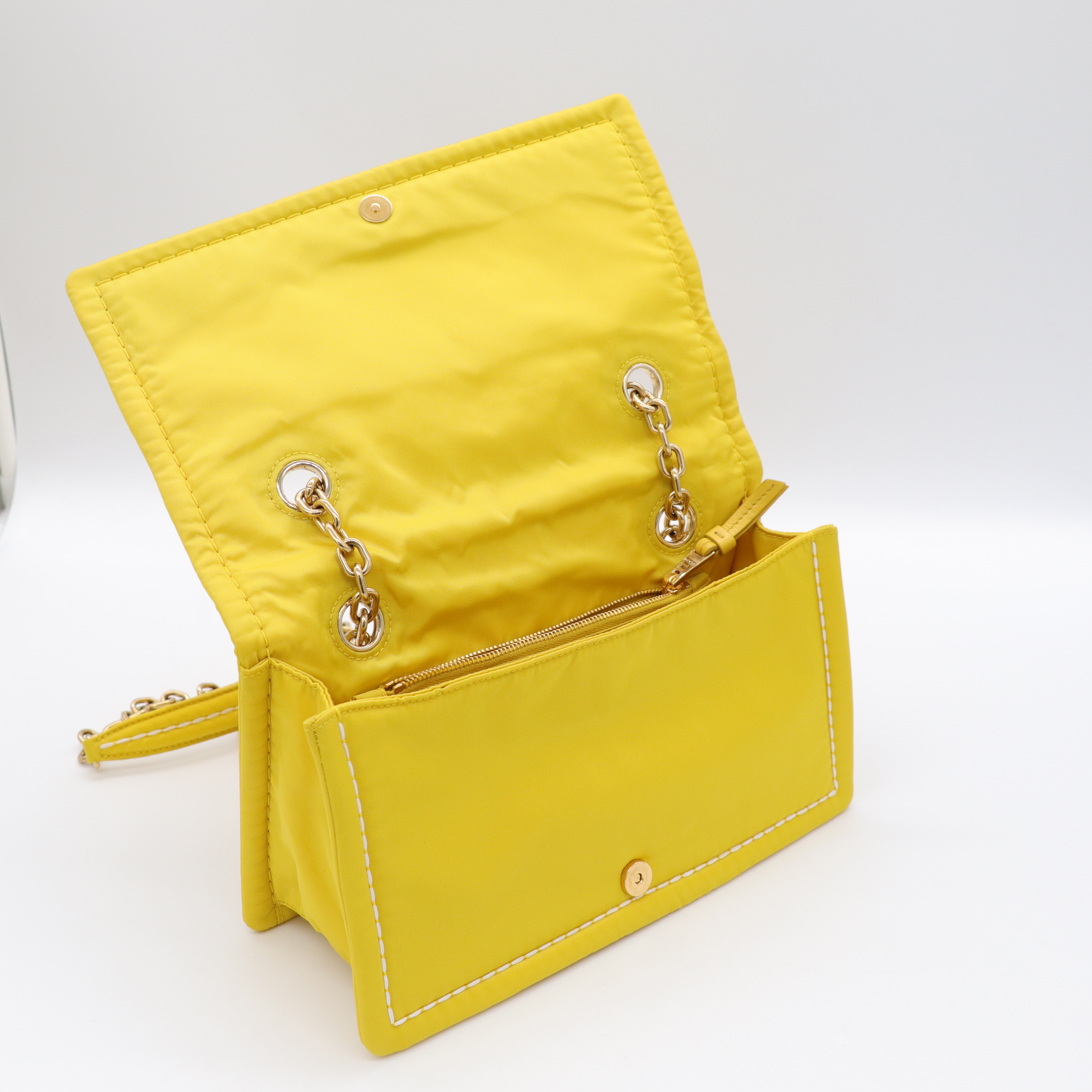 Prada 普拉達 螢光黃 尼龍 鍊條掀蓋包 斜背包-12