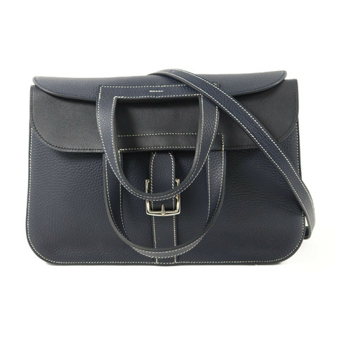 HERMES Clemence皮革Halzan 31手挽肩背兩用袋Bleu Indigo/Bleu Nuit