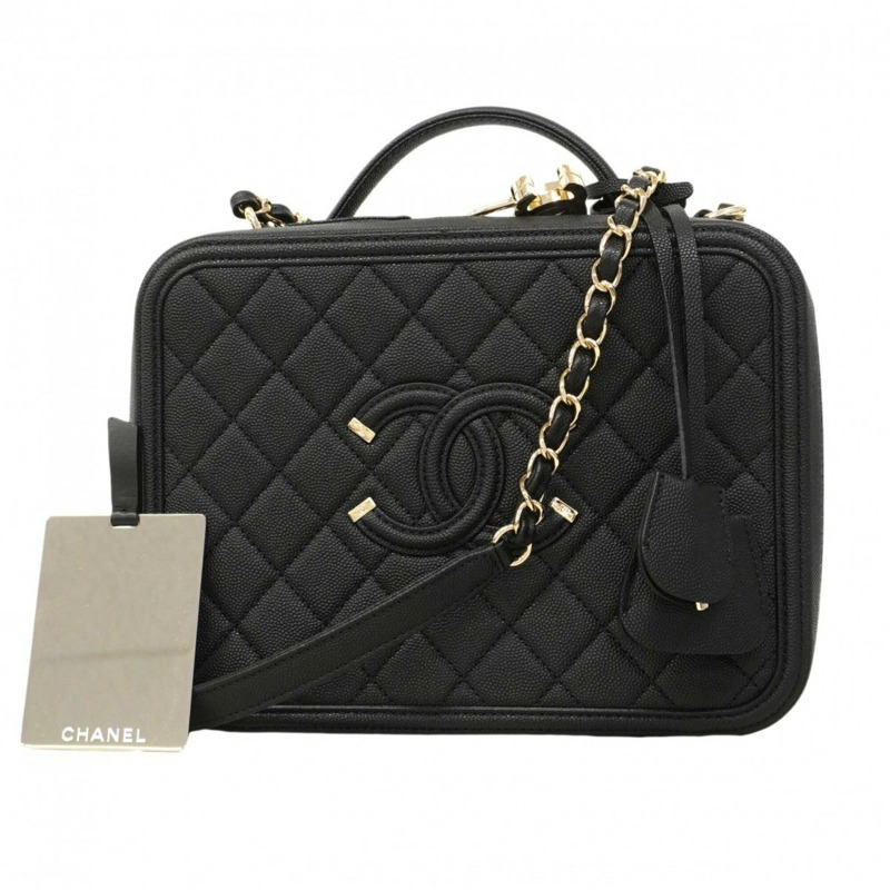 香奈兒 CC 鏤空鏈條肩背包，魚子醬紋皮革，黑色/香檳色，女士兩用包-0