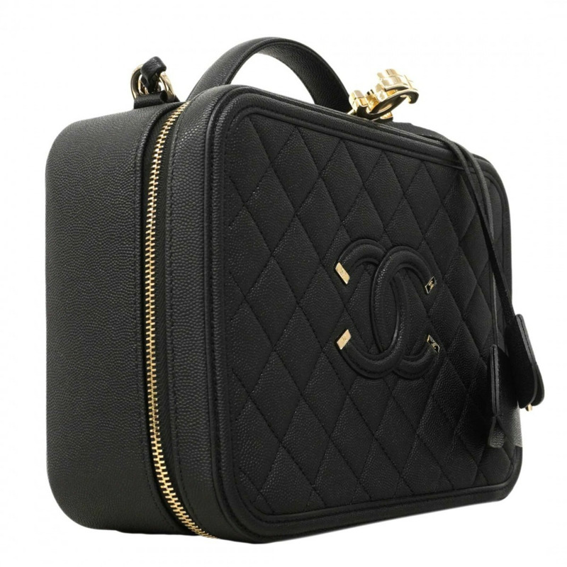 香奈兒 CC 鏤空鏈條肩背包，魚子醬紋皮革，黑色/香檳色，女士兩用包-1