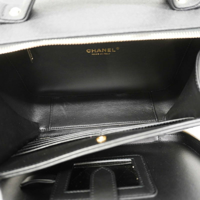 香奈兒 CC 鏤空鏈條肩背包，魚子醬紋皮革，黑色/香檳色，女士兩用包-3