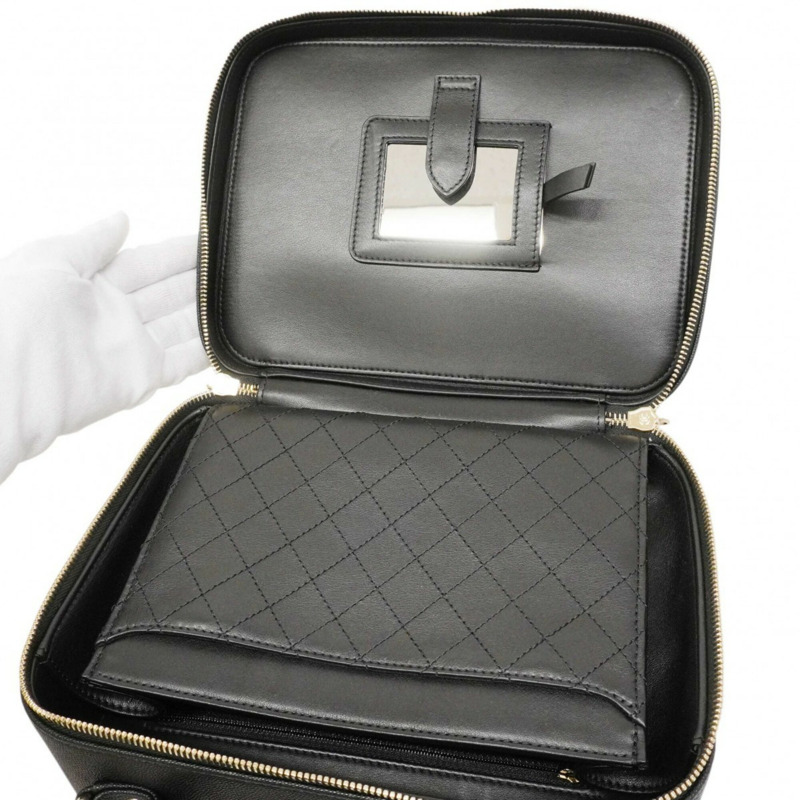 香奈兒 CC 鏤空鏈條肩背包，魚子醬紋皮革，黑色/香檳色，女士兩用包-5