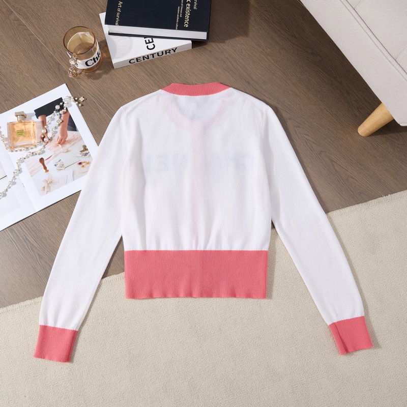 Chanel字母刺繡粉白拼色針織開衫-9