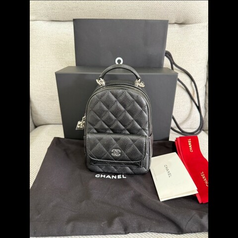 香奈兒經典黑色荔枝皮銀鏈小書包