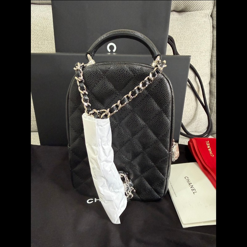 香奈兒經典黑色荔枝皮銀鏈小書包-4