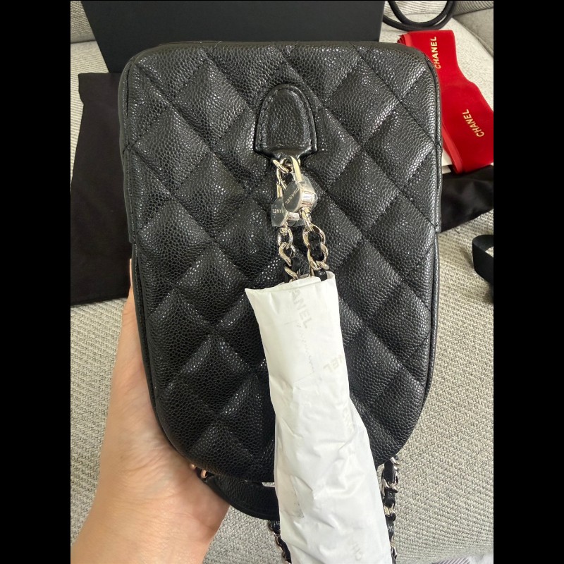 香奈兒經典黑色荔枝皮銀鏈小書包-21