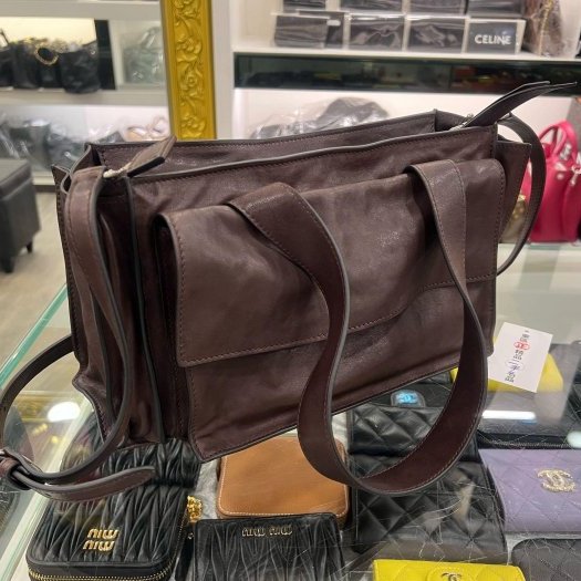 東區正精品㊣MIU MIU 5BG335 Utilitaire咖啡色仿舊牛皮吸釦拉鍊手提包斜背包肩背包兩用包 RZ6412-10