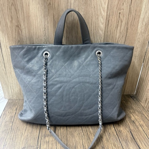 香奈兒/Chanel 灰色菱格紋托特手提單肩包 牛皮魚子醬 97新