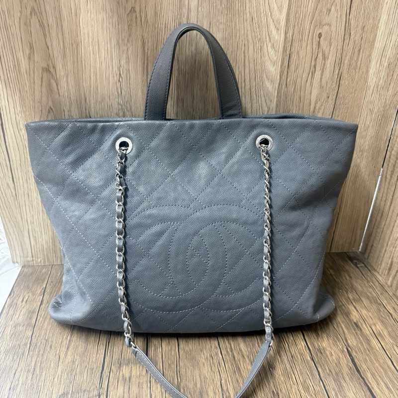 香奈兒/Chanel 灰色菱格紋托特手提單肩包 牛皮魚子醬 97新-0