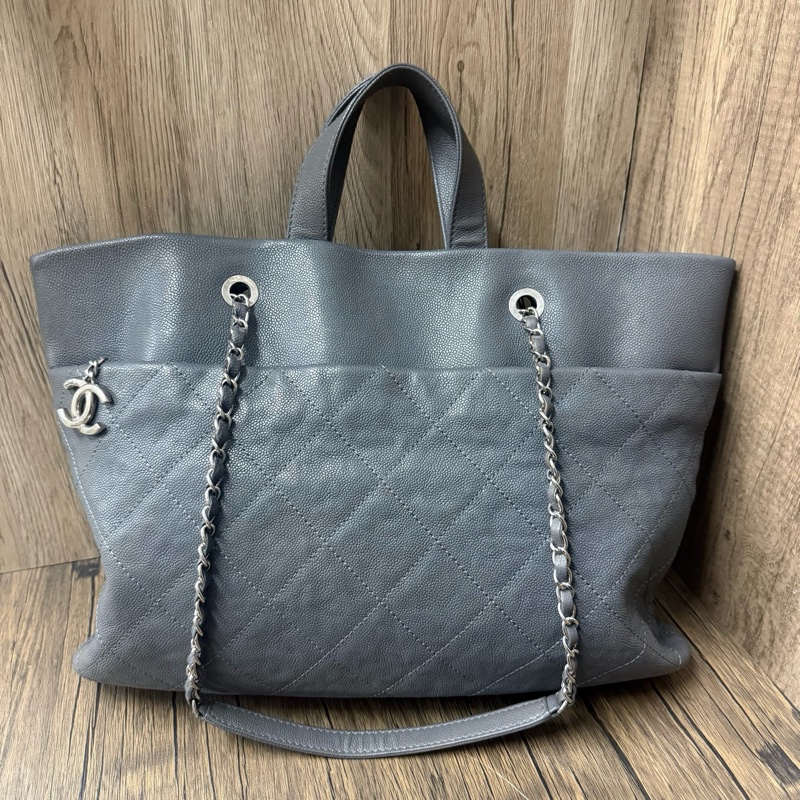 香奈兒/Chanel 灰色菱格紋托特手提單肩包 牛皮魚子醬 97新-1
