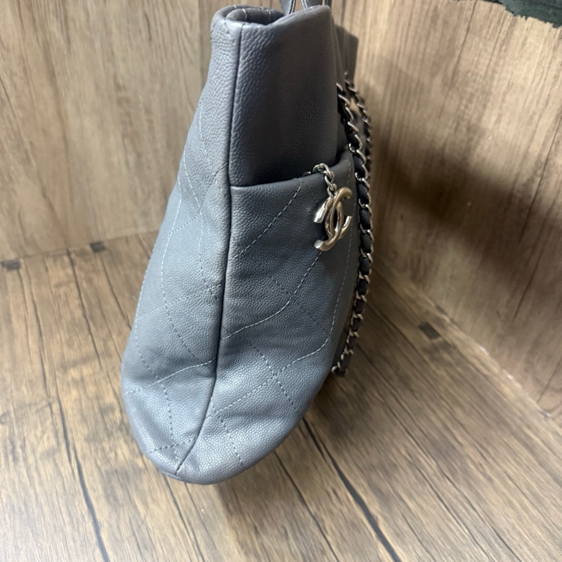 香奈兒/Chanel 灰色菱格紋托特手提單肩包 牛皮魚子醬 97新-2
