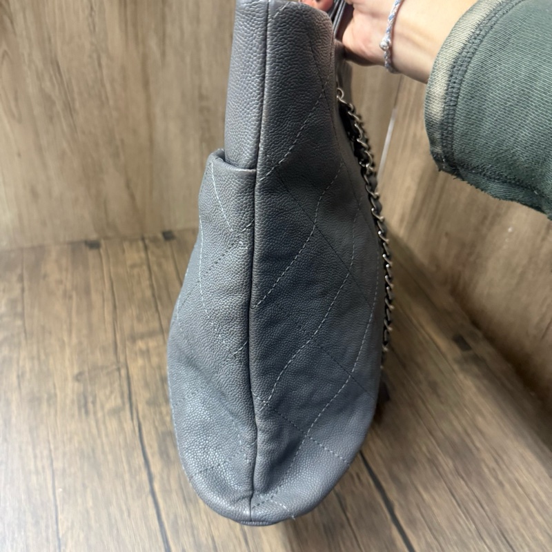 香奈兒/Chanel 灰色菱格紋托特手提單肩包 牛皮魚子醬 97新-3