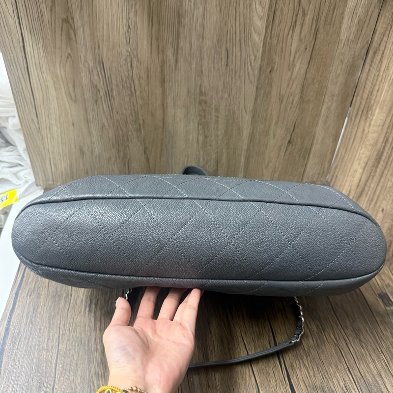 香奈兒/Chanel 灰色菱格紋托特手提單肩包 牛皮魚子醬 97新-4