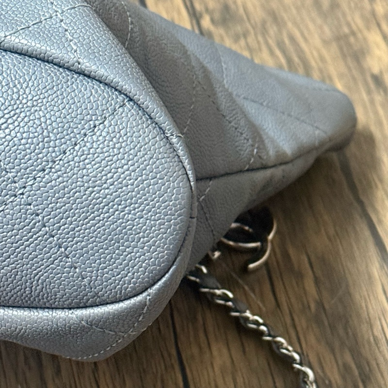 香奈兒/Chanel 灰色菱格紋托特手提單肩包 牛皮魚子醬 97新-5