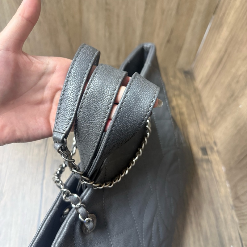 香奈兒/Chanel 灰色菱格紋托特手提單肩包 牛皮魚子醬 97新-6