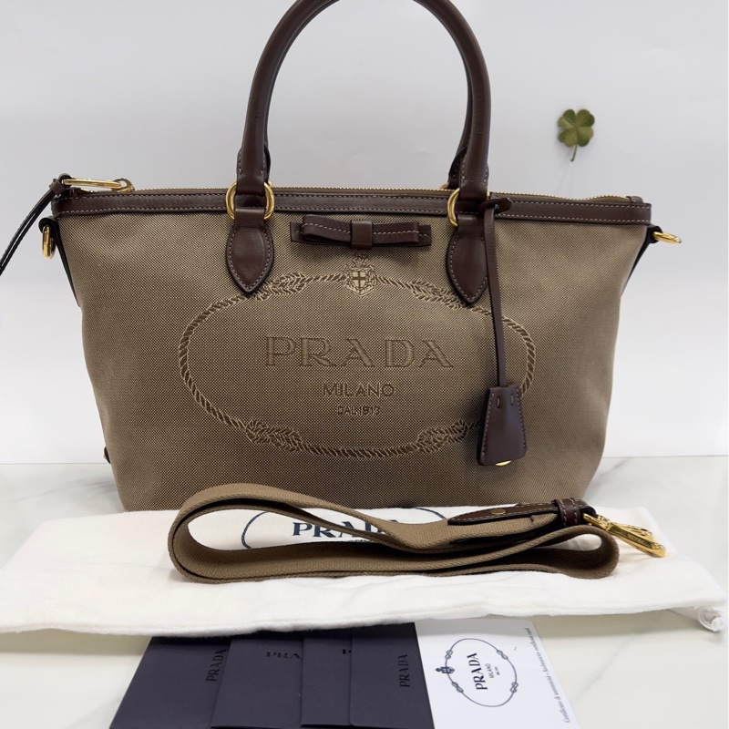 Prada 復古帆布手提包 斜挎單肩包 27*19 閒置98新-0