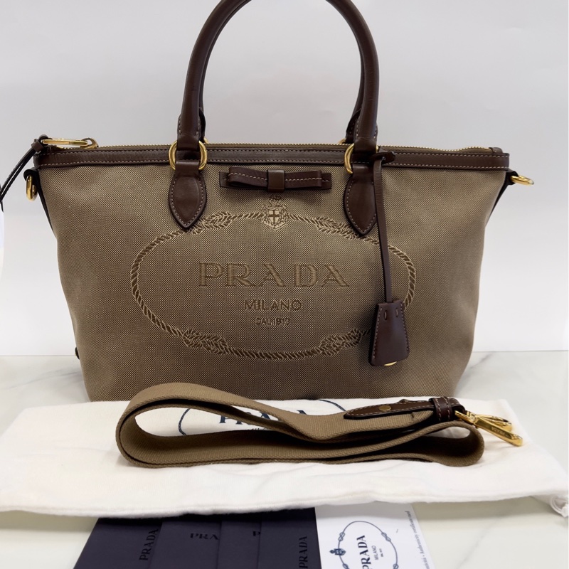 Prada 復古帆布手提包 斜挎單肩包 27*19 閒置98新-1