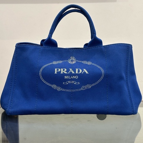 Prada普拉達 側面金色三角標logo深藍色帆布包Tote包手提包40cm 98新