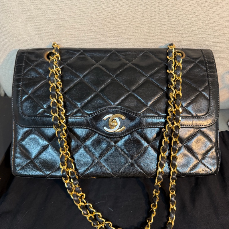 Chanel 香奈兒 cf vintage 老香 巴黎限定 金銀扣 金鏈 尺寸：28*18*6-0