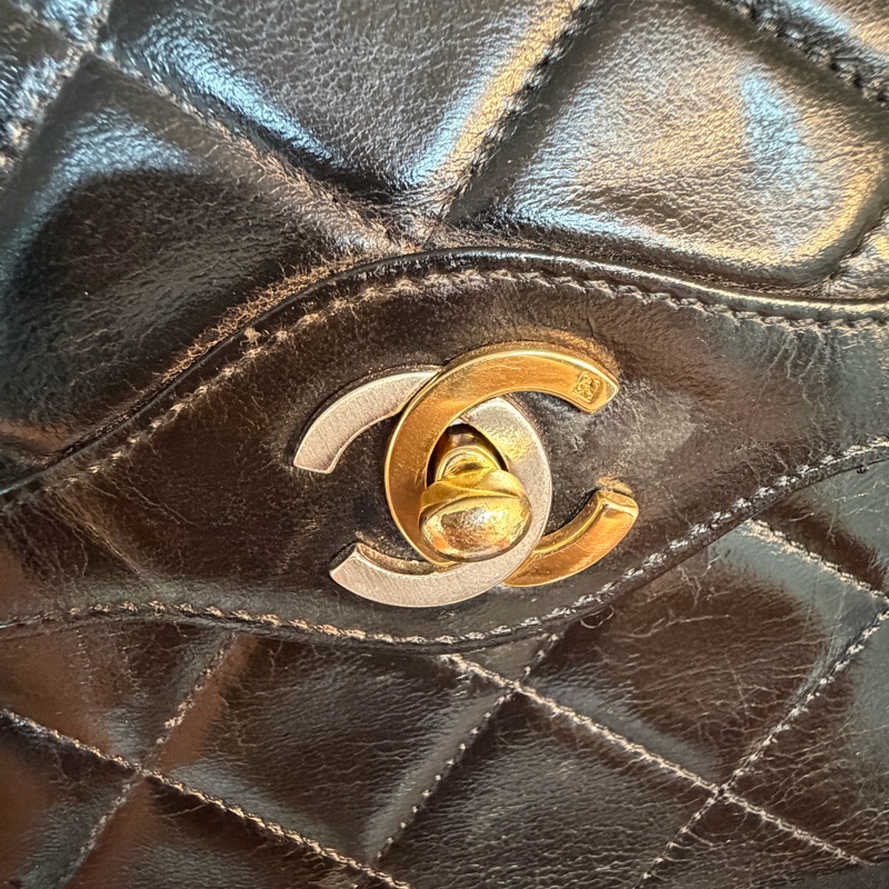 Chanel 香奈兒 cf vintage 老香 巴黎限定 金銀扣 金鏈 尺寸：28*18*6-6