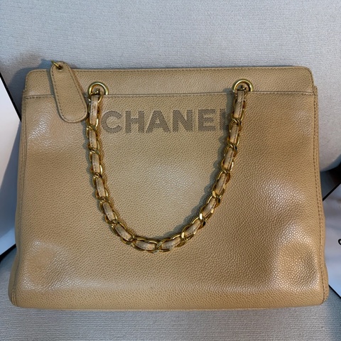 Chanel 香奈兒 vintage 奶茶手提包 金色皮穿鏈 30*23*8