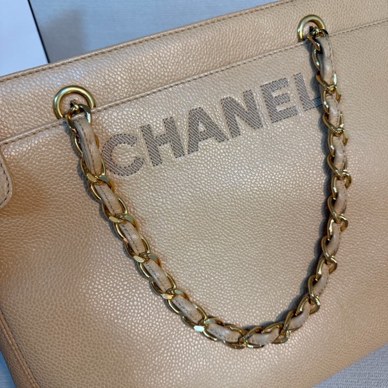Chanel 香奈兒 vintage 奶茶手提包 金色皮穿鏈 30*23*8-2