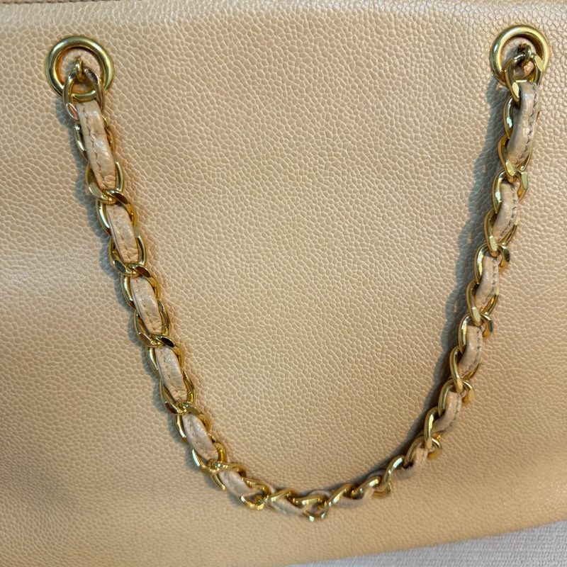 Chanel 香奈兒 vintage 奶茶手提包 金色皮穿鏈 30*23*8-5