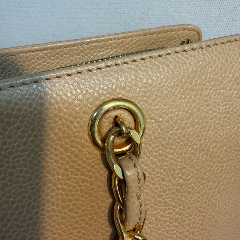 Chanel 香奈兒 vintage 奶茶手提包 金色皮穿鏈 30*23*8-6