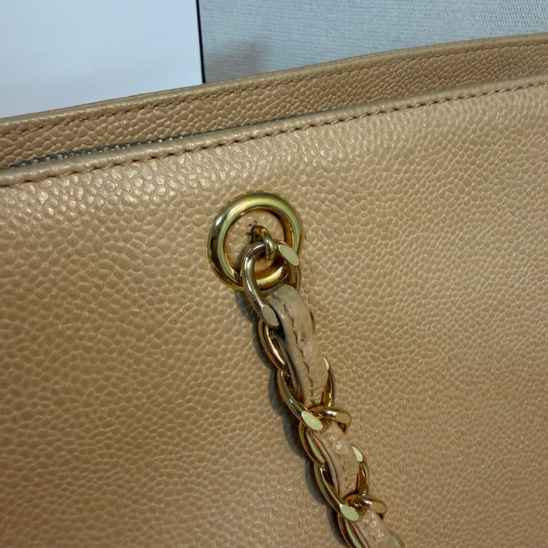 Chanel 香奈兒 vintage 奶茶手提包 金色皮穿鏈 30*23*8-7