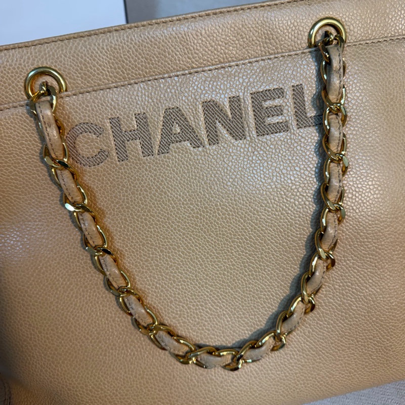 Chanel 香奈兒 vintage 奶茶手提包 金色皮穿鏈 30*23*8-8