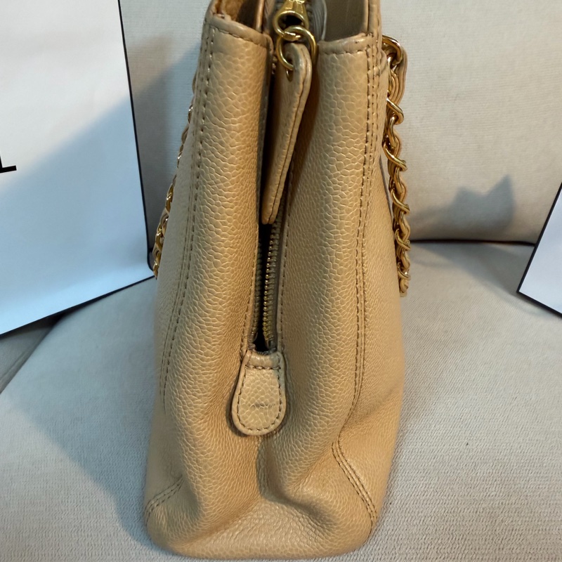 Chanel 香奈兒 vintage 奶茶手提包 金色皮穿鏈 30*23*8-10