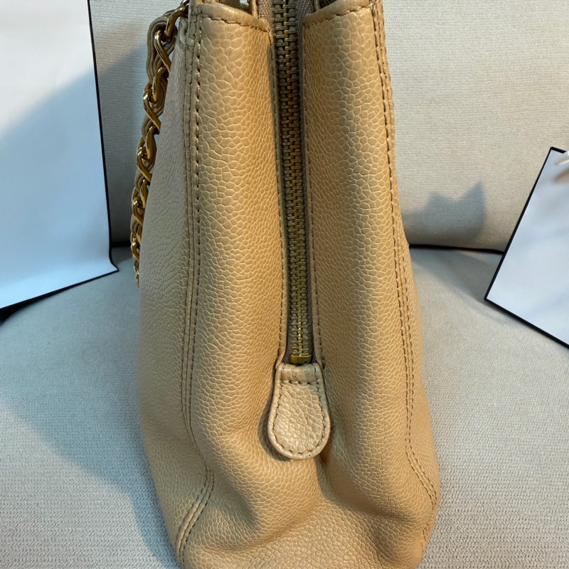 Chanel 香奈兒 vintage 奶茶手提包 金色皮穿鏈 30*23*8-11