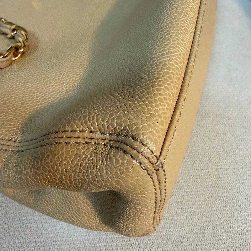 Chanel 香奈兒 vintage 奶茶手提包 金色皮穿鏈 30*23*8-14